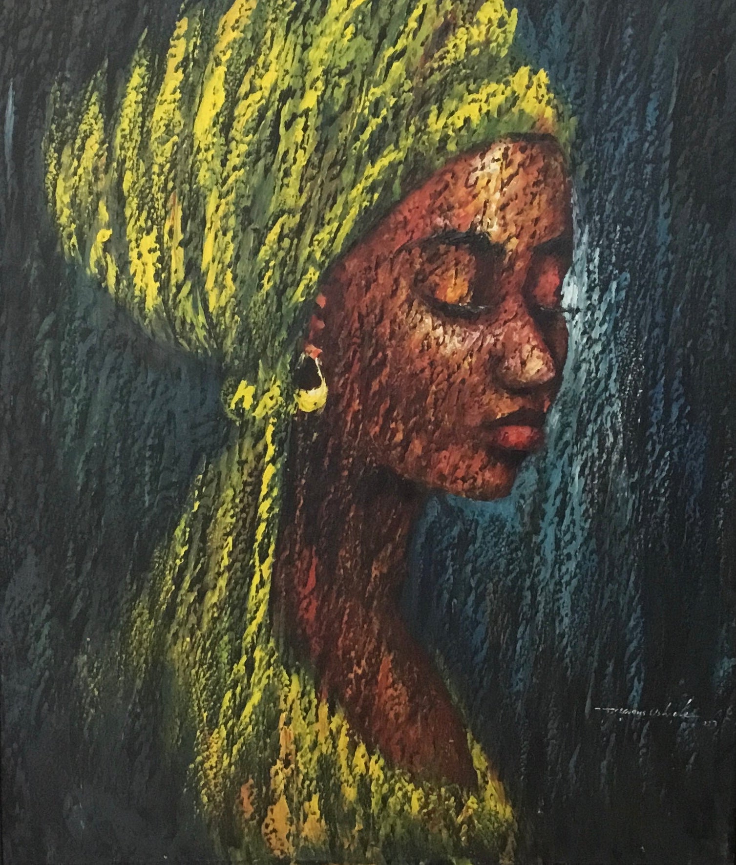 This image features a framed painting of a lady wearing a scarf. It beautifully captures the profile of a young woman with her eyes closed, wearing a textured scarf in shades of yellow and green.