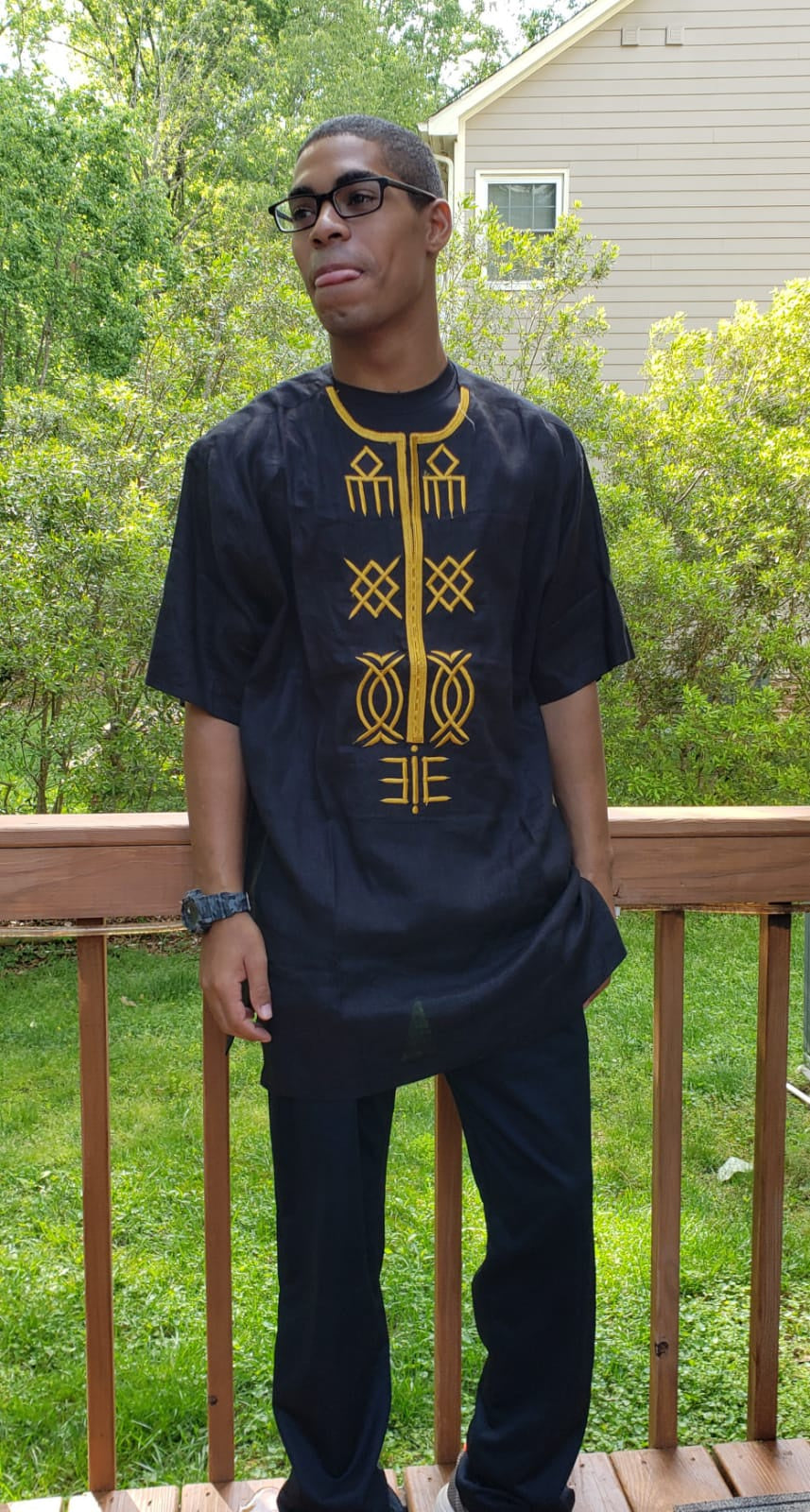 Short Sleeved Gold Embroidered Black Shirt
