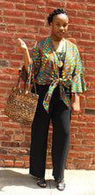 Load image into Gallery viewer, Wrap Blouse Orange and Teal patterned stripes

