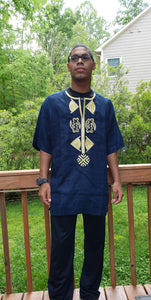 Short Sleeved Gold Embroidered Dark Blue Shirt