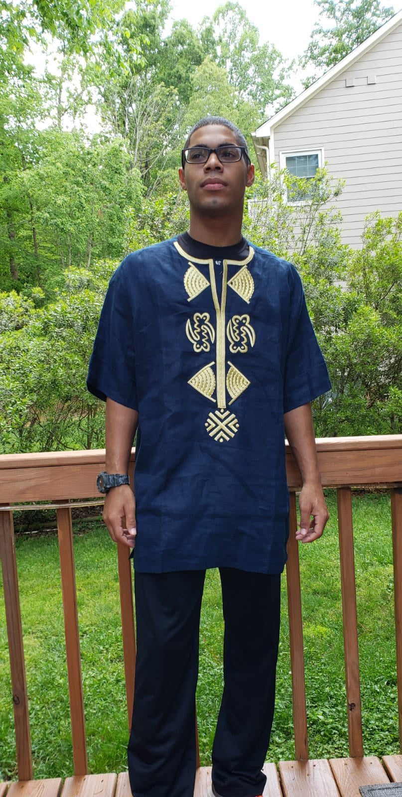 Short Sleeved Gold Embroidered Dark Blue Shirt