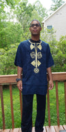Short Sleeved Gold Embroidered Dark Blue Shirt