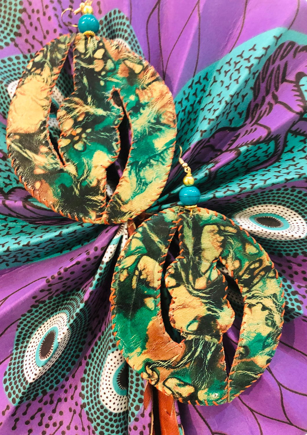Teal Leather Gye Nyame Tie Dye Earrings