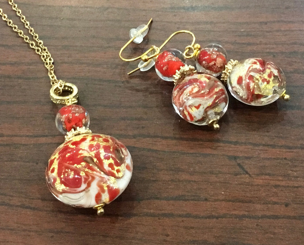 Red & Gold Glass Bauble Necklace Earring Set