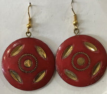 Load image into Gallery viewer, Red Wooden earrings with gold inlay work
