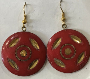 Red Wooden earrings with gold inlay work