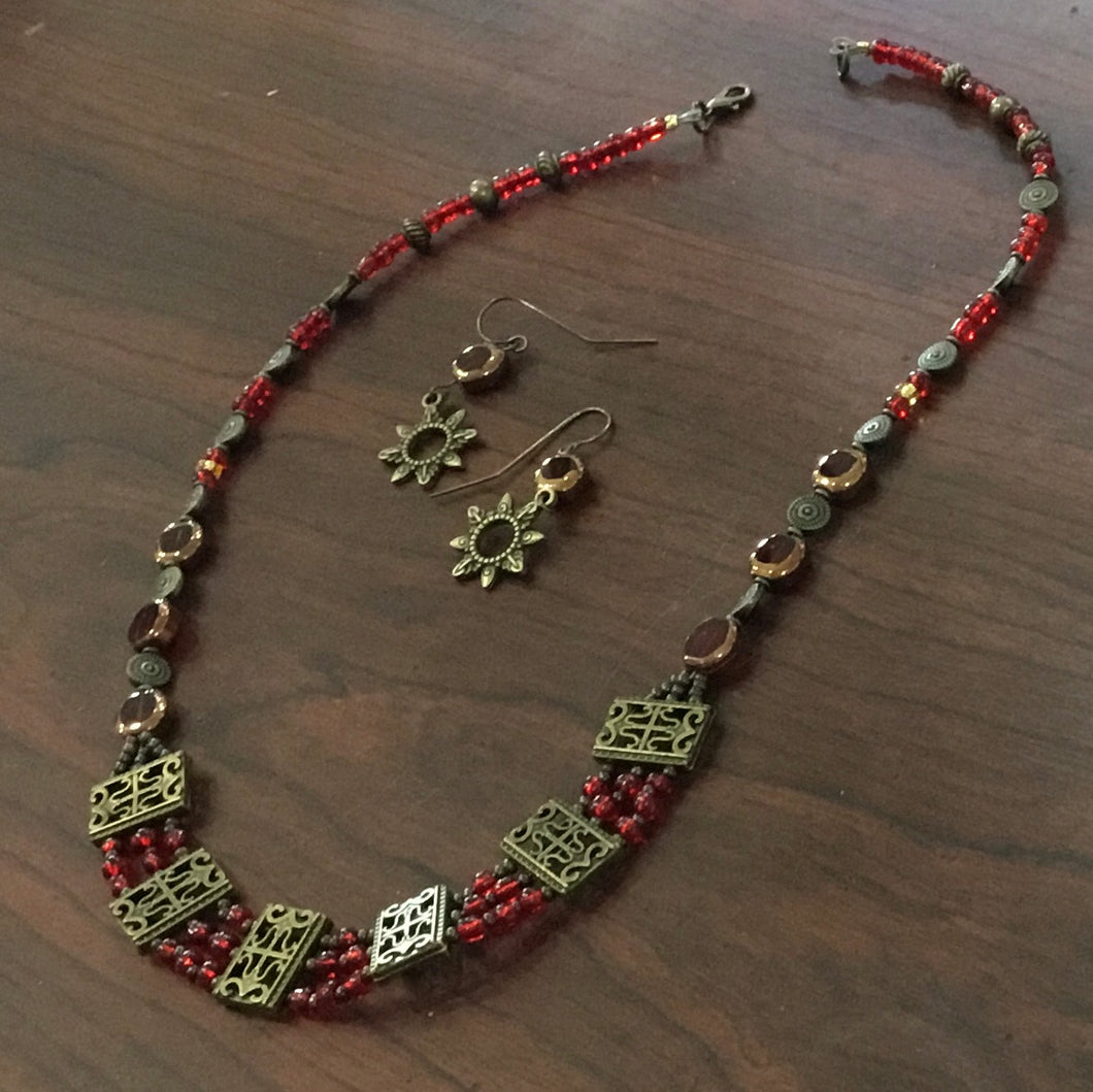 Red Glass & Brass Set