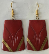 Load image into Gallery viewer, Red Wooden earrings with gold inlay work
